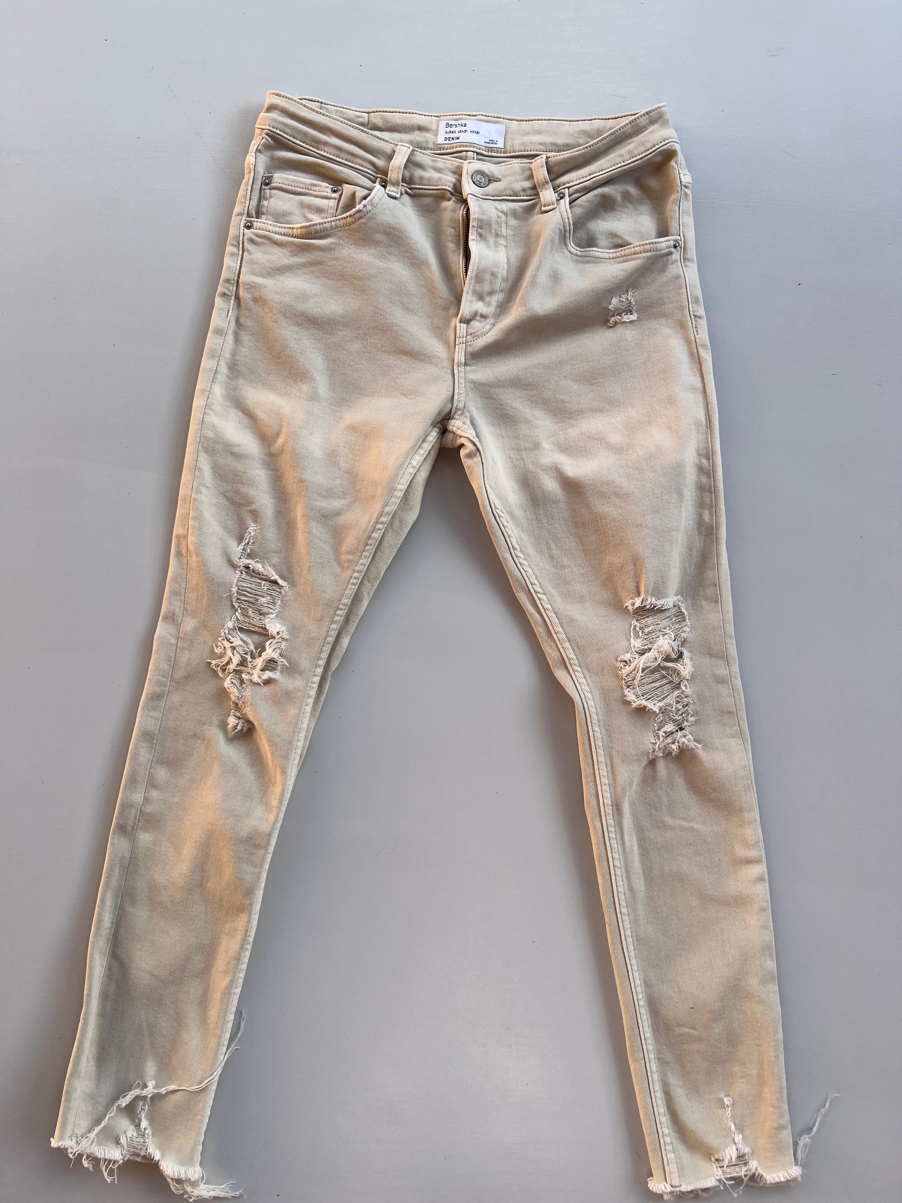 Light Beige Bershka Distressed Skinny Jeans